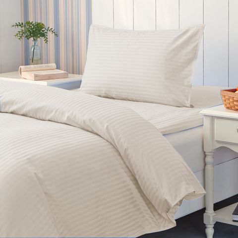 Lenjerie cu elastic la cearsaf pat Damasc Policoton dunga 1 cm, pentru saltea 80x200 cm, cearsaf pilota 140x220 cm, fata perna 50x70 cm Bej Cappuccino