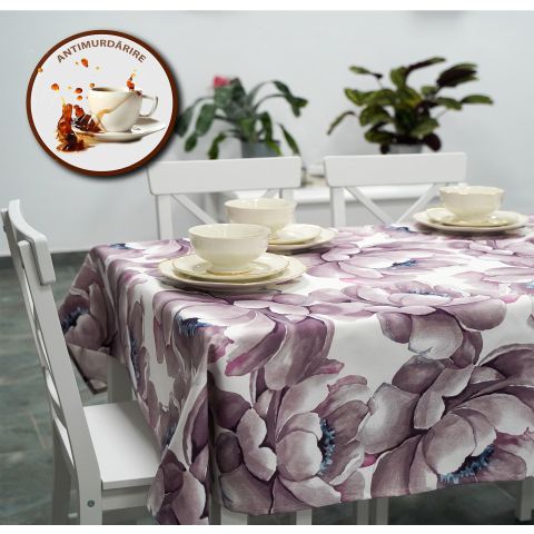 Fata de masa antimurdarire 100% Bumbac 160x320 cm,  Floare Alb Mov