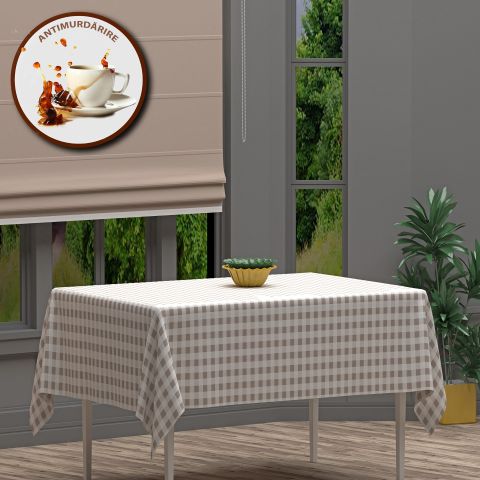 Față de masă rotundă 140 cm anti murdărire 100% Bumbac, Carouri Bej