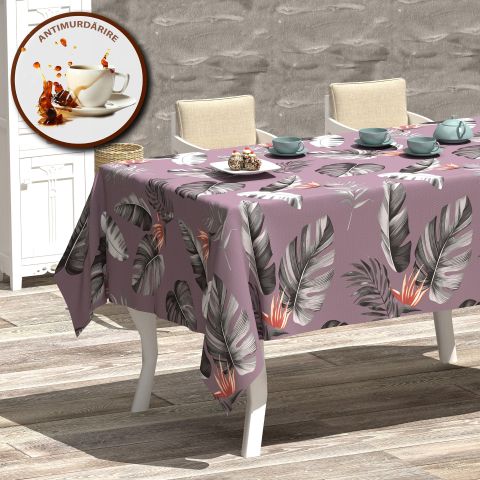 Față de masă rotundă 140 cm anti murdărire 100% Bumbac, Frunze Exotice Mov