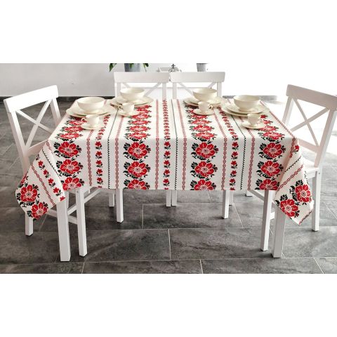 Față de masă rotundă 140 cm antimurdărire, Imprimeu tradițional Alb Roșu