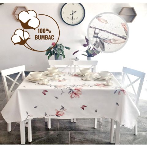 Față de masă rotundă 140 cm anti murdărire 100% Bumbac, Floare Alb Roz
