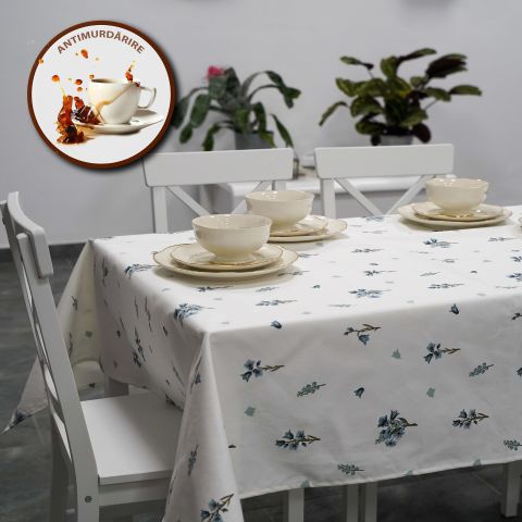 Față de masă rotundă 140 cm anti murdărire 100% Bumbac, Floricică Albastru