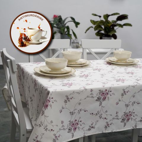 Față de masă rotundă 140 cm anti murdărire 100% Bumbac, Trandafiri Roz