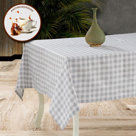 Față de masă rotundă 140 cm anti murdărire 100% Bumbac, Carouri Gri