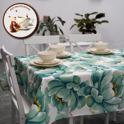 Față de masă rotundă 140 cm antimurdărire, Floare Alb Verde