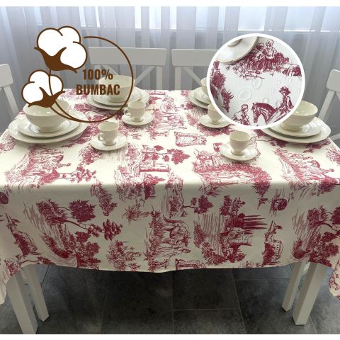 Față de masă rotundă 140 cm anti murdărire 100% Bumbac, Peisaj de poveste Roșu