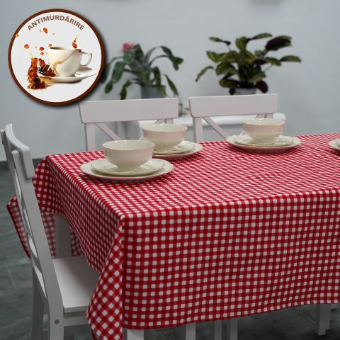 Față de masă rotundă 160 cm anti murdărire 100% Bumbac, Carouri Alb Roșu