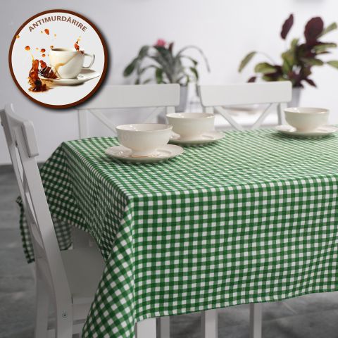 Față de masă rotundă 160 cm anti murdărire 100% Bumbac, Carouri Verde