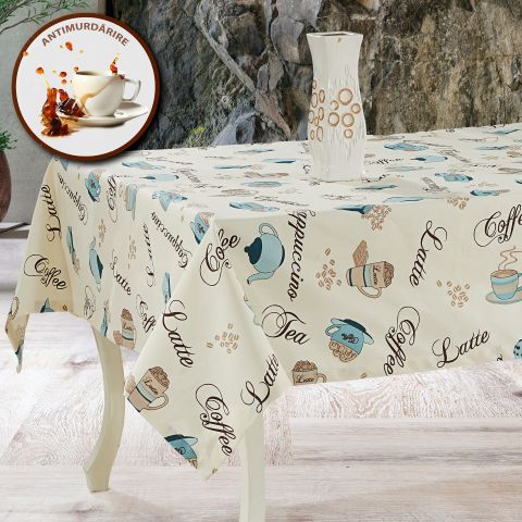 Față de masă rotundă 160 cm anti murdărire 100% Bumbac, Modele de cafea Crem