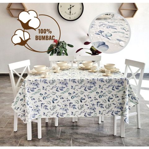 Față de masă rotundă 160 cm anti murdărire 100% Bumbac, Frunze Albastru Verde