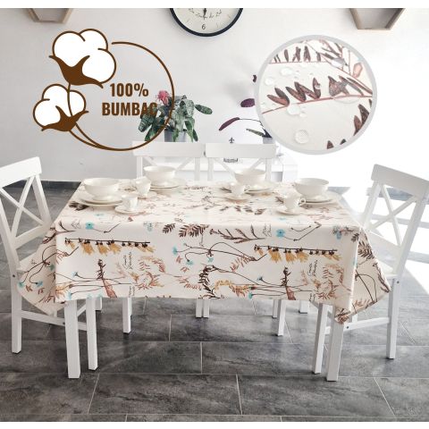 Față de masă rotundă 160 cm anti murdărire 100% Bumbac, Frunze Albastru Maro