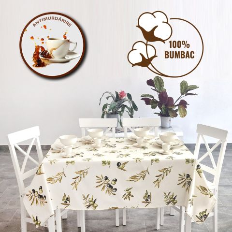 Față de masă rotundă 160 cm anti murdărire 100% Bumbac, Crenguțe de măslin Verde