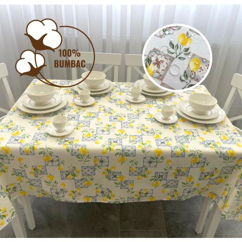 Față de masă rotundă 160 cm anti murdărire 100% Bumbac,  Lămâie Galben