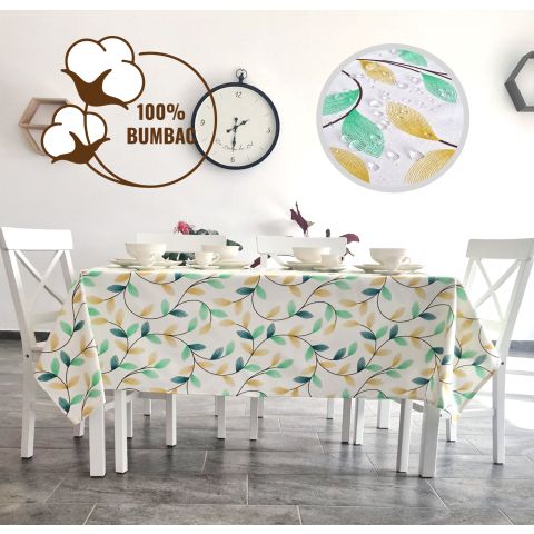 Față de masă rotundă 180 cm anti murdărire 100% Bumbac, Frunze Verde Galben