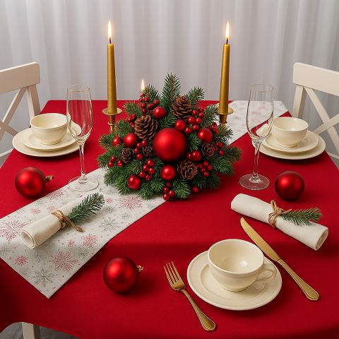 Set Față de masă și Napron Crăciun 160x320 cm, Roșu Închis