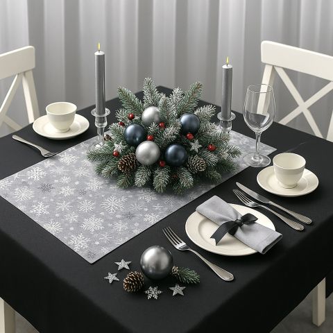 Set Față de masă rotundă și Napron Crăciun 160 cm, Negru