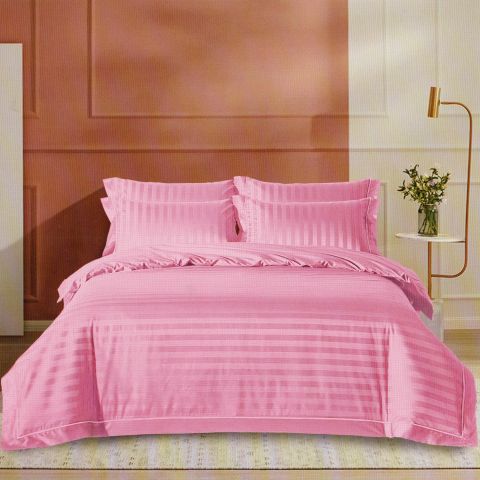 Lenjerie pat dublu 6 piese Damasc Policoton, cearsaf pat 230x250 cm, pilota 200x230 cm, fete perne 50x70 cm si 70x70 cm, dunga 1 cm Roz (6DP35)