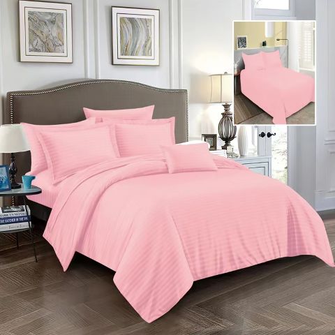 Lenjerie pat dublu 6 piese Damasc Policoton, cearsaf pat 230x250 cm, pilota 200x230 cm, fete perne 50x70 cm si 70x70 cm, dunga 1 cm Roz Pudra (6DP41) 