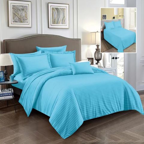 Lenjerie pat dublu 6 piese Damasc Policoton, cearsaf pat 230x250 cm, pilota 200x230 cm, fete perne 50x70 cm si 70x70 cm, dunga 1 cm Turcoaz (6DP42) 