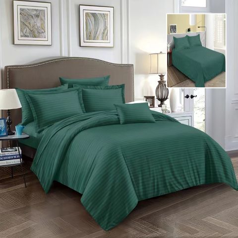 Lenjerie pat dublu 6 piese Damasc Policoton, cearsaf pat 230x250 cm, pilota 200x230 cm, fete perne 50x70 cm si 70x70 cm, dunga 1 cm Verde (6DP46)