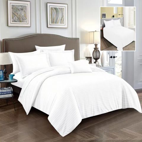 Lenjerie pat dublu 6 piese Damasc Policoton, cearsaf pat 230x250 cm, pilota 200x230 cm, fete perne 50x70 cm si 70x70 cm, dunga 1 cm Alb (6DP50) 