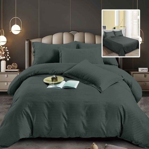 Lenjerie pat dublu 6 piese Damasc Policoton, cearsaf pat 230x250 cm, pilota 200x230 cm, fete perne 50x70 cm si 70x70 cm, dunga 1 cm Gri Antracit (6DP52)