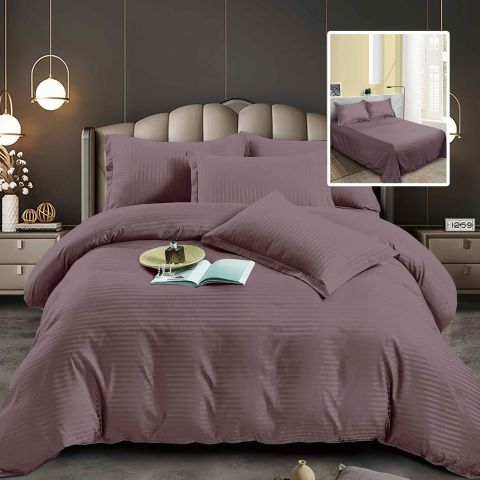 Lenjerie pat dublu 6 piese Damasc Policoton, cearsaf pat 230x250 cm, pilota 200x230 cm, fete perne 50x70 cm si 70x70 cm, dunga 1 cm Maro (6DP66)