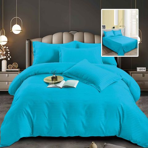 Lenjerie pat dublu 6 piese Damasc Policoton, cearsaf pat 230x250 cm, pilota 200x230 cm, fete perne 50x70 cm si 70x70 cm, dunga 1 cm Turcoaz (6DP68) 