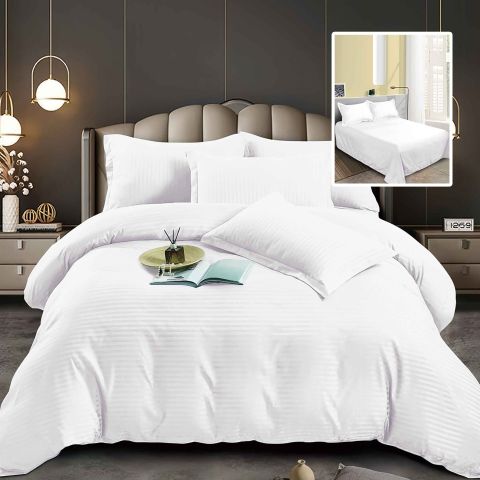 Lenjerie pat dublu 6 piese Damasc Policoton, cearsaf pat 230x250 cm, pilota 200x230 cm, fete perne 50x70 cm si 70x70 cm, dunga 1 cm Alb (6DP69)