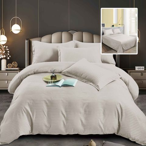 Lenjerie pat dublu 6 piese Damasc Policoton, cearsaf pat 230x250 cm, pilota 200x230 cm, fete perne 50x70 cm si 70x70 cm, dunga 1 cm Crem (6DP71)