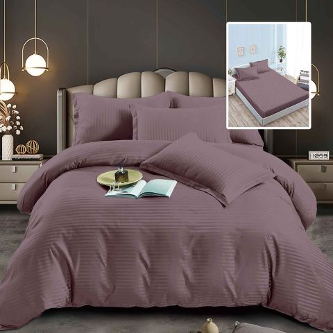 Lenjerie pat dublu 6 piese Damasc Policoton, cu husa saltea 160x200 sau 180x200 cm, pilota 200x230 cm, fete perne 50x70 cm si 70x70 cm, dunga 1 cm Maro (6DPH19) 