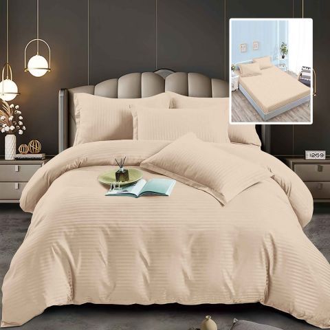 Lenjerie pat dublu 6 piese Damasc Policoton, cu husa saltea 160x200 sau 180x200 cm, pilota 200x230 cm, fete perne 50x70 cm si 70x70 cm, dunga 1 cm Bej (6DPH20)