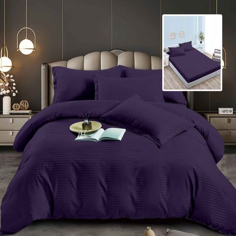 Lenjerie pat dublu 6 piese Damasc Policoton, cu husa saltea 160x200 sau 180x200 cm, pilota 200x230 cm, fete perne 50x70 cm si 70x70 cm, dunga 1 cm Mov (6DPH24) 