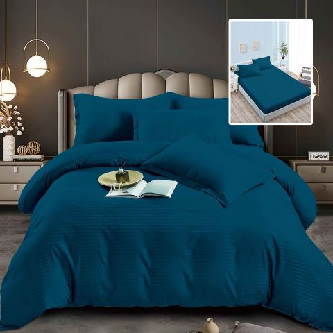Lenjerie pat dublu 6 piese Damasc Policoton, cu husa saltea 160x200 sau 180x200 cm, pilota 200x230 cm, fete perne 50x70 cm si 70x70 cm, dunga 1 cm Turcoaz (6DPH26) 