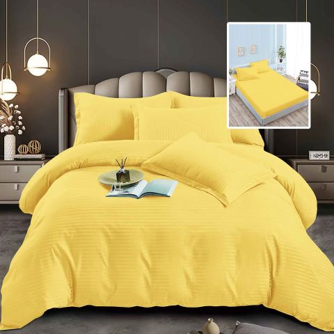 Lenjerie pat dublu 6 piese Damasc Policoton, cu husa saltea 160x200 sau 180x200 cm, pilota 200x230 cm, fete perne 50x70 cm si 70x70 cm, dunga 1 cm Galben (6DPH29) 