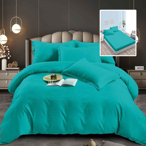 Lenjerie pat dublu 6 piese Damasc Policoton, cu husa saltea 160x200 sau 180x200 cm, pilota 200x230 cm, fete perne 50x70 cm si 70x70 cm, dunga 1 cm Turcoaz (6DPH30) 