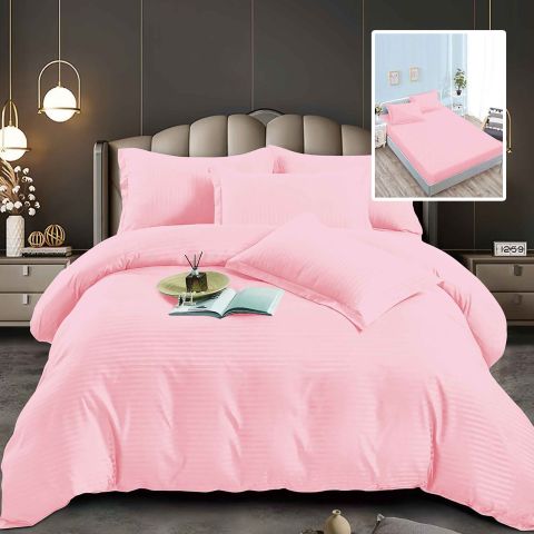 Lenjerie pat dublu 6 piese Damasc Policoton, cu husa saltea 160x200 sau 180x200 cm, pilota 200x230 cm, fete perne 50x70 cm si 70x70 cm, dunga 1 cm Roz (6DPH31)