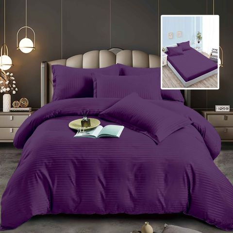 Lenjerie pat dublu 6 piese Damasc Policoton, cu husa saltea 160x200 sau 180x200 cm, pilota 200x230 cm, fete perne 50x70 cm si 70x70 cm, dunga 1 cm Mov (6DPH33) 