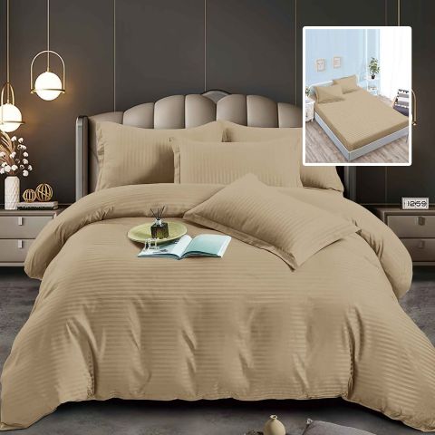 Lenjerie pat dublu 6 piese Damasc Policoton, cu husa saltea 160x200 sau 180x200 cm, pilota 200x230 cm, fete perne 50x70 cm si 70x70 cm, dunga 1 cm Bej (6DPH35) 