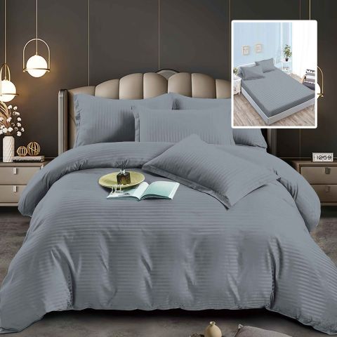 Lenjerie pat dublu 6 piese Damasc Policoton, cu husa saltea 160x200 sau 180x200 cm, pilota 200x230 cm, fete perne 50x70 cm si 70x70 cm, dunga 1 cm Gri (6DPH36) 