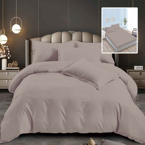 Lenjerie pat dublu 6 piese Damasc Policoton, cu husa saltea 160x200 sau 180x200 cm, pilota 200x230 cm, fete perne 50x70 cm si 70x70 cm, dunga 1 cm Maro Deschis (6DPH40)