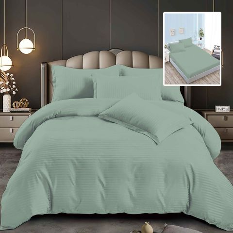 Lenjerie pat dublu 6 piese Damasc Policoton, cu husa saltea 160x200 sau 180x200 cm, pilota 200x230 cm, fete perne 50x70 cm si 70x70 cm, dunga 1 cm Verde Deschis (6DPH41)