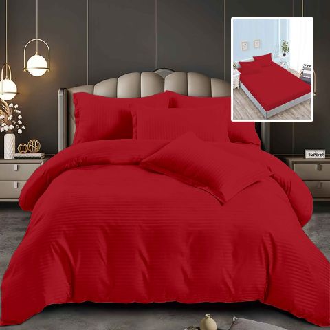 Lenjerie pat dublu 6 piese Damasc Policoton, cu husa saltea 160x200 sau 180x200 cm, pilota 200x230 cm, fete perne 50x70 cm si 70x70 cm, dunga 1 cm Rosu (6DPH43)