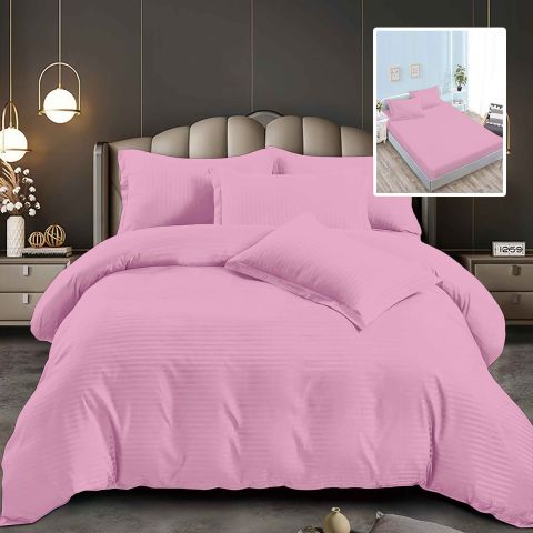 Lenjerie pat dublu 6 piese Damasc Policoton, cu husa saltea 160x200 sau 180x200 cm, pilota 200x230 cm, fete perne 50x70 cm si 70x70 cm, dunga 1 cm Roz Bonbon (6DPH46)