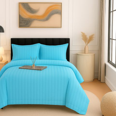 Lenjerie pat Damasc Policoton XXL - Super Preț, cearșaf 230x260 cm, pilotă 200x230 cm, 2 fețe perne 50x70 cm, Albastru