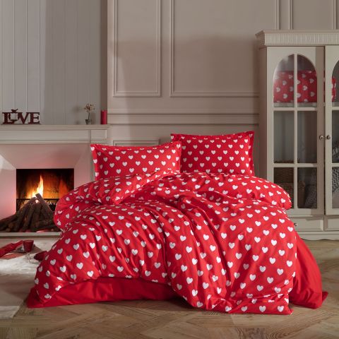 Lenjerie pat dublu Bumbac 100% Ranforce 4 piese extra large, cearsaf pat 240x260 cm, pilota 200x220 cm, 2 fete perne 50x70 cm, Rosu AMOR V1