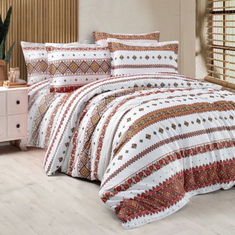 Lenjerie pat Bumbac Ranforce, Model traditional, 4 piese cearsaf pat 240x260 cm, pilota 200x220 cm, 2 fete perne 50x70 cm, Alb / Galben, Arhaic4