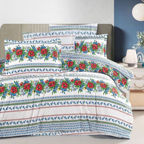 Lenjerie pat Bumbac Ranforce, Model traditional, 4 piese cearsaf pat 240x260 cm, pilota 200x220 cm, 2 fete perne 50x70 cm, Alb / Albastru, Arhaic5