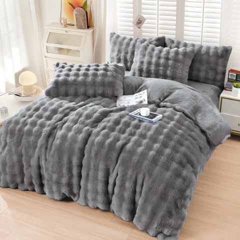 Lenjerie pat dublu Cocolino Spot cu blanita 4 piese, cearsaf pat 230x250 cm, pilota 200x230 cm, 2 fete perna 50x70, Gri antracit, Pucioasa
